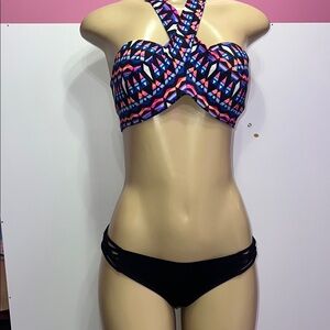 Pink , Pink and Blue Halter Bikini with Criss-Cross Design zs S